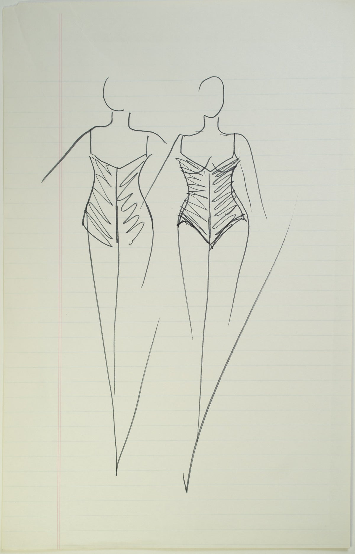 Set sketch 4 of 4: “Corset Duet”, original Halston pen sketch, product number 00409
