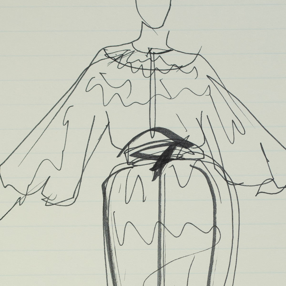 Detail of “Ruffled, Not Rattled”: a close view of Halston’s pen line
