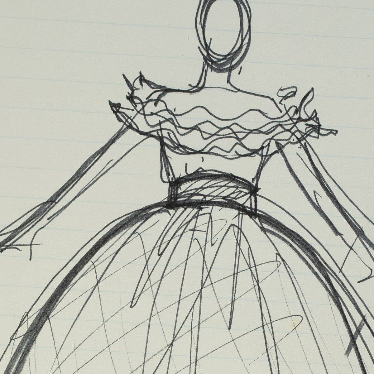 Detail of “Tulle Whom It May Concern”: a close view of Halston’s pen line