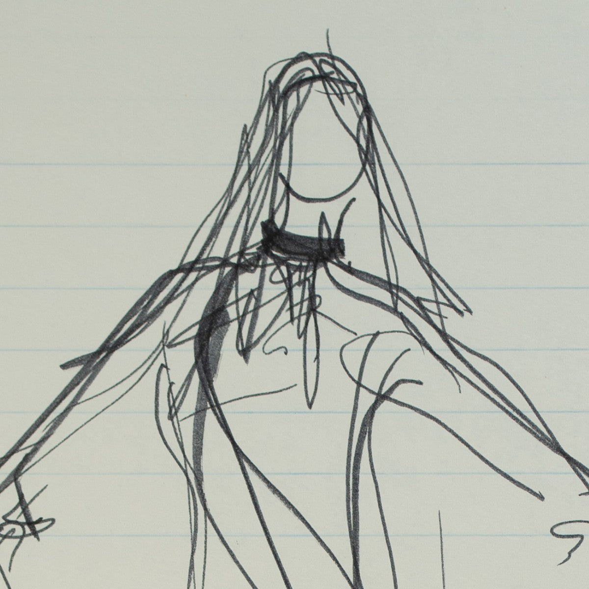 Detail of “Veiled Threat”: a close view of Halston’s pen line