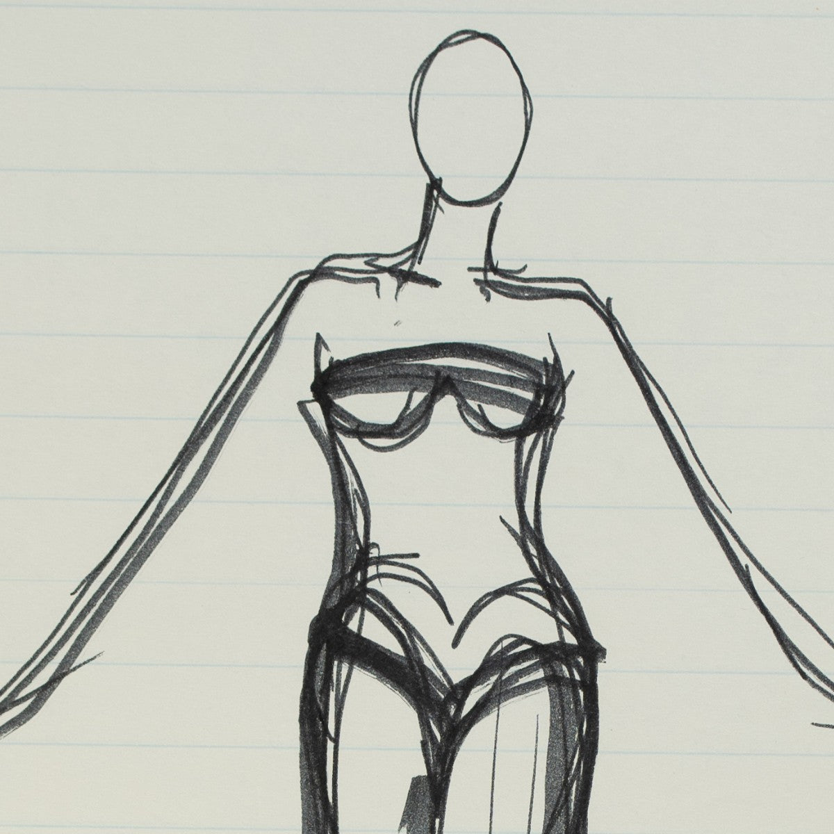 Detail of “Strap In”: a close view of Halston’s pen line
