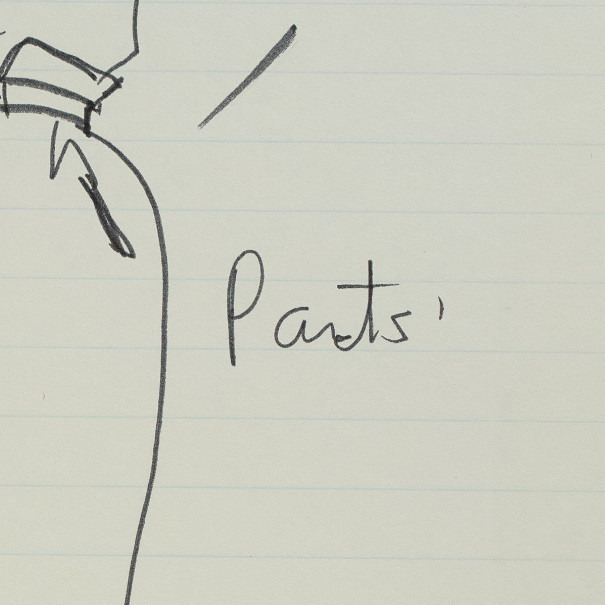 Detail of “Pleat Yourself”: a handwritten note that reads “Pants”