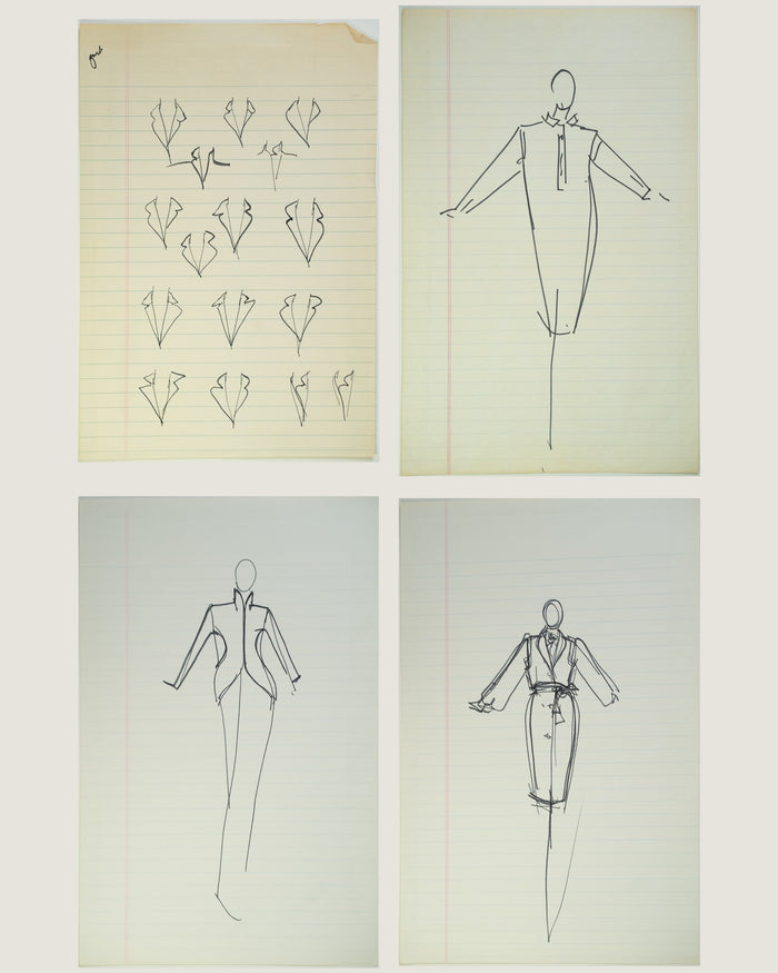 The Collar Set: a set of four original Halston sketches (“Notch Your Average Lapel”, “Collar Me Crazy”, “Collar Call”, “Lapel Rouser”)