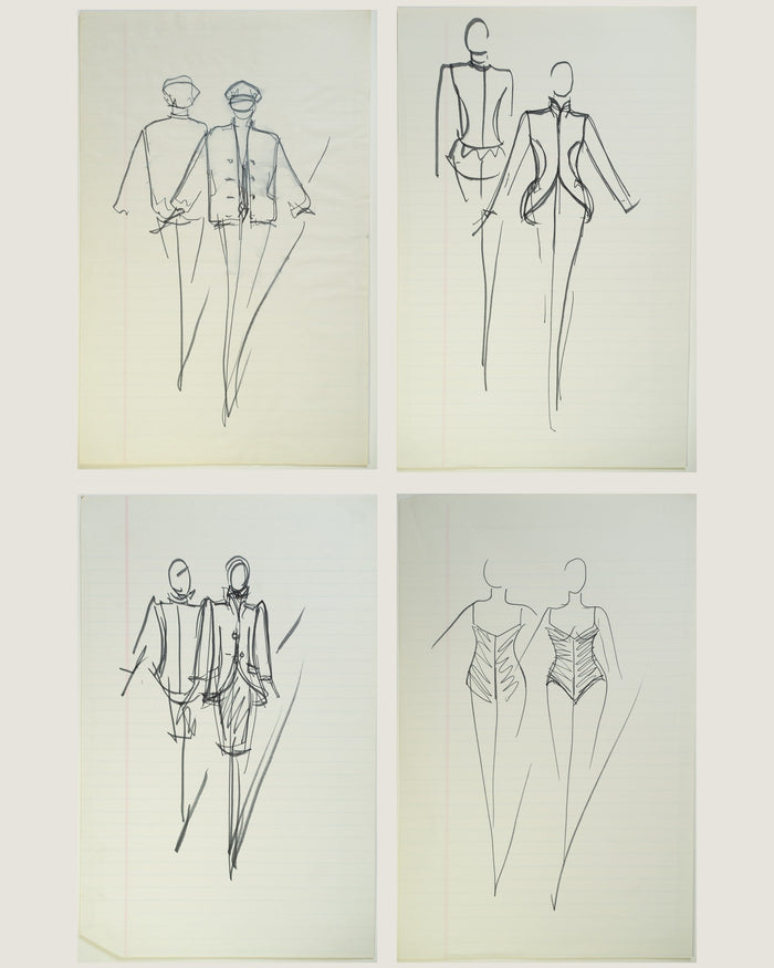 Double Takes: a set of four original Halston sketches (“Double Trouble”, “Heads or Tails”, “Walk This Way”, “Corset Duet”)