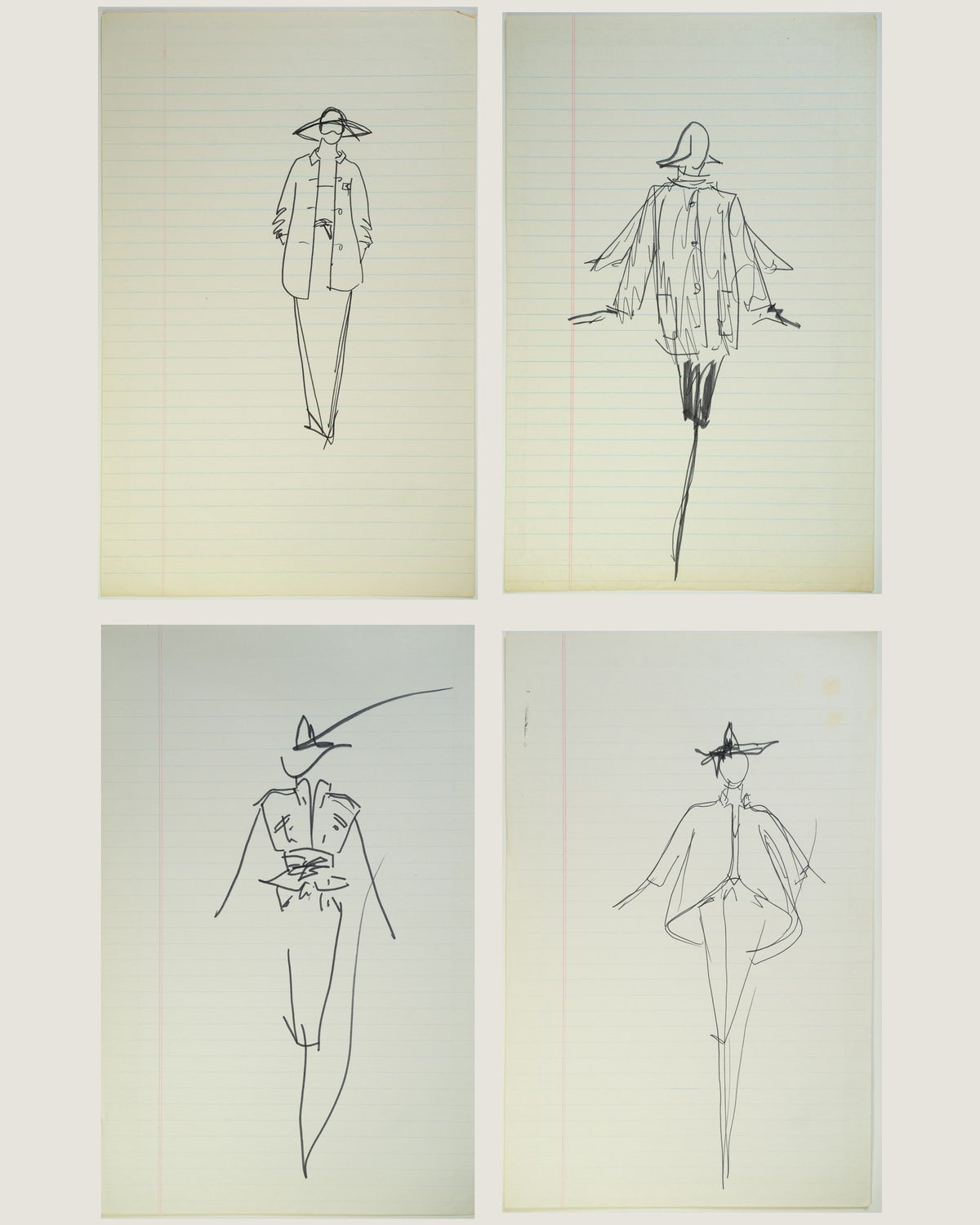 Hats Off: a set of four original Halston sketches (“Hat Check”, “Wide Brim, Wide Berth”, “Brim Brigade”, “Hat Trickster”)