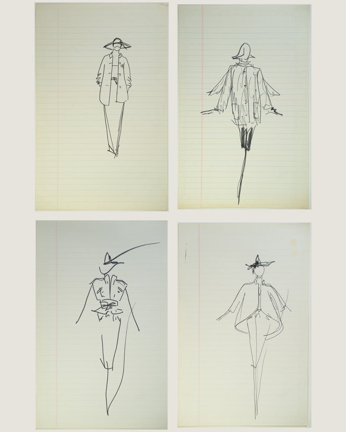 Hats Off: a set of four original Halston sketches (“Hat Check”, “Wide Brim, Wide Berth”, “Brim Brigade”, “Hat Trickster”)