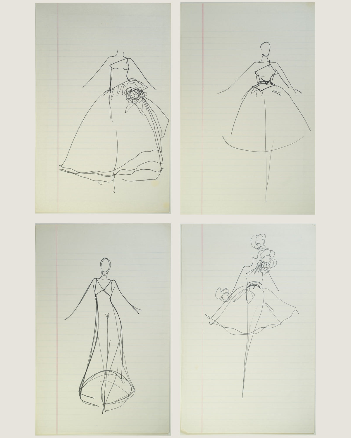 Grand Entrances: a set of four original Halston sketches (“Rose Colored Glasses”, “Twirl Girl”, “Plunge Pool”, “Bride and Prejudice”)