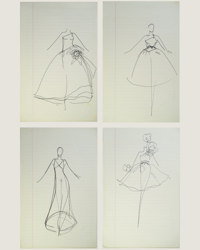 Grand Entrances: a set of four original Halston sketches (“Rose Colored Glasses”, “Twirl Girl”, “Plunge Pool”, “Bride and Prejudice”)